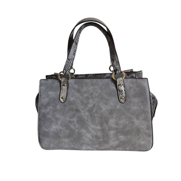 Gray Studded Tote Handbag Snake Print Gold Trim Structured Satchel Purse - Picture 3 of 7